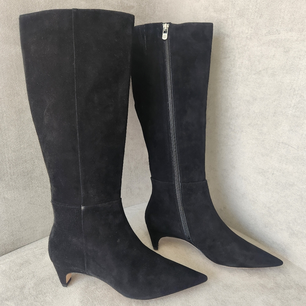 Antonio Melani Knee High Boots 10 Black Suede Kitten Heel Pointed Toe New $180